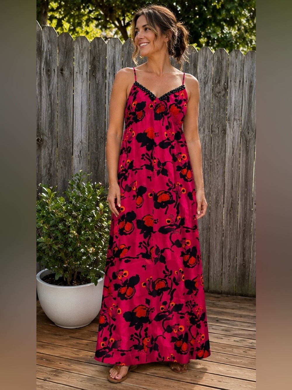 Magaschoni Fuchsia Floral Spaghetti Strep Dress NWT Size 6 - Picture 1 of 7